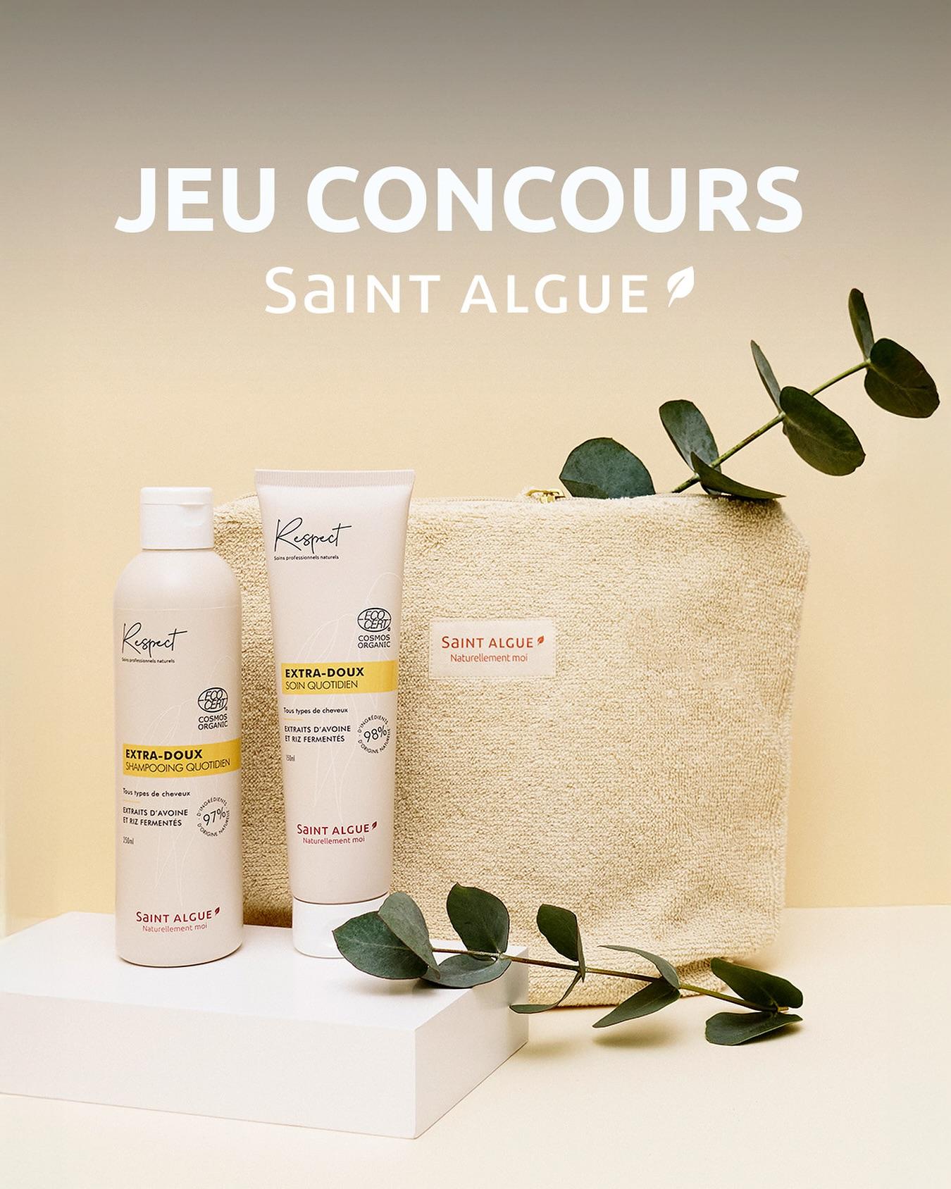 [CONCOURS TERMINÉ] Pour fêter l’arrivée des beaux jours, on vous fait gagner cette routine Extra-Doux de notre gamme Respect 🌿, composée de :✨ 1 Shampooing Quotidien✨ 1 Soin Quotidien✨ 1 jolie trousse Saint Algue en coton bio ♻️

Formulés à plus 97 % d’ingrédients d’origine naturelle, ces soins sont parfaits pour toute la famille 👨‍👩‍👧‍👦 

🎁 Pour tenter votre chance :1️⃣ Likez ce post ❤️2️⃣ Abonnez-vous à @saintalgue 3️⃣ Mentionnez 2 ami(e)s avec qui vous partagez vos bons plans beauté 🌿

📅 Tirage au sort le 21/08/2025

Bonne chance à toutes & tous 🍀✨

  ​